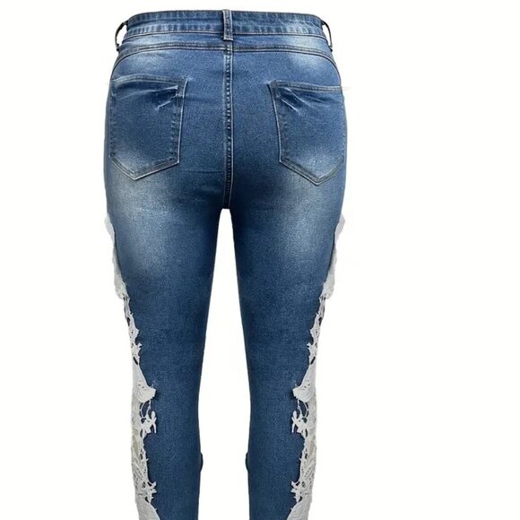Plus Size Slight Stretch Jeans Lace Cut Out, - Picture 2 of 4